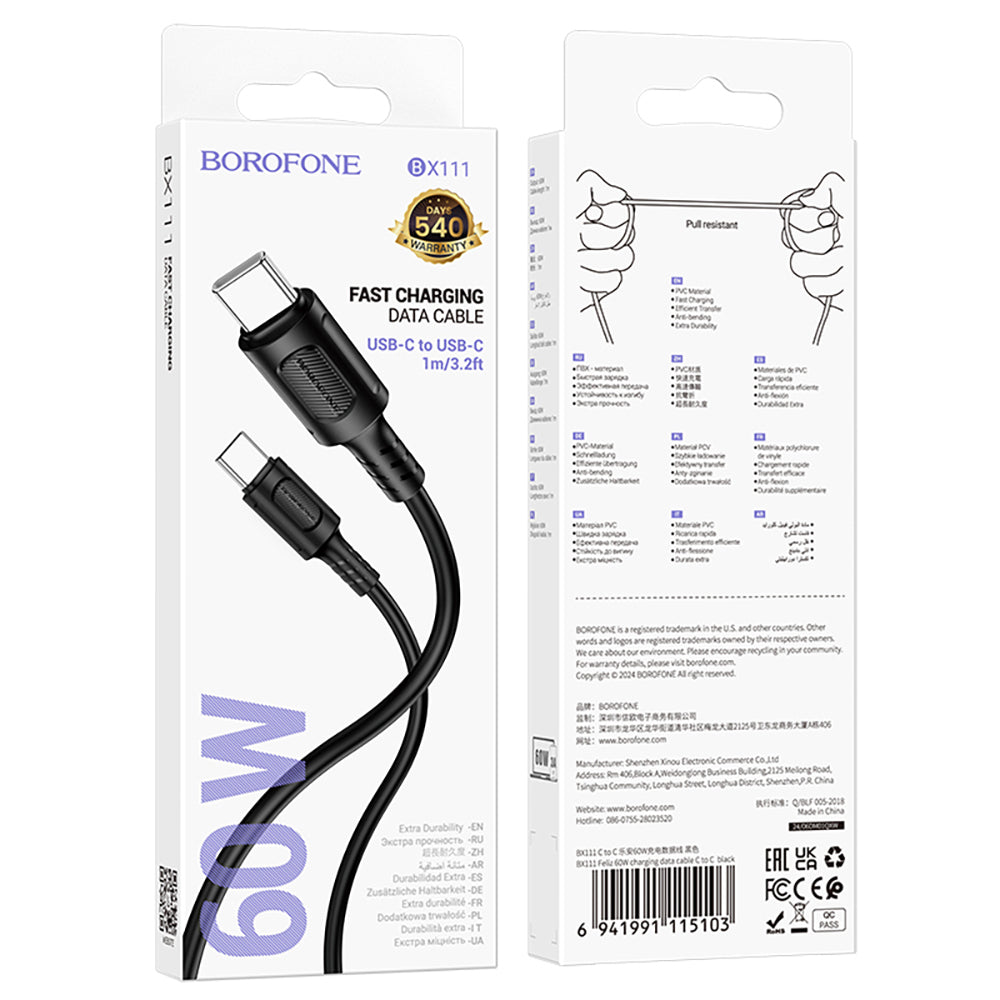 USB-C till USB-C data- och laddningskabel Borofone BX111 Feliz, 60W, 1m, Svart