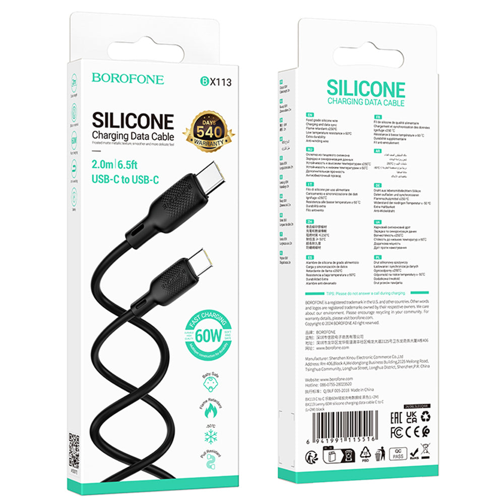 USB-C Data- och Laddningskabel - USB-C Borofone BX113 Lenny, 60W, 2m, Svart