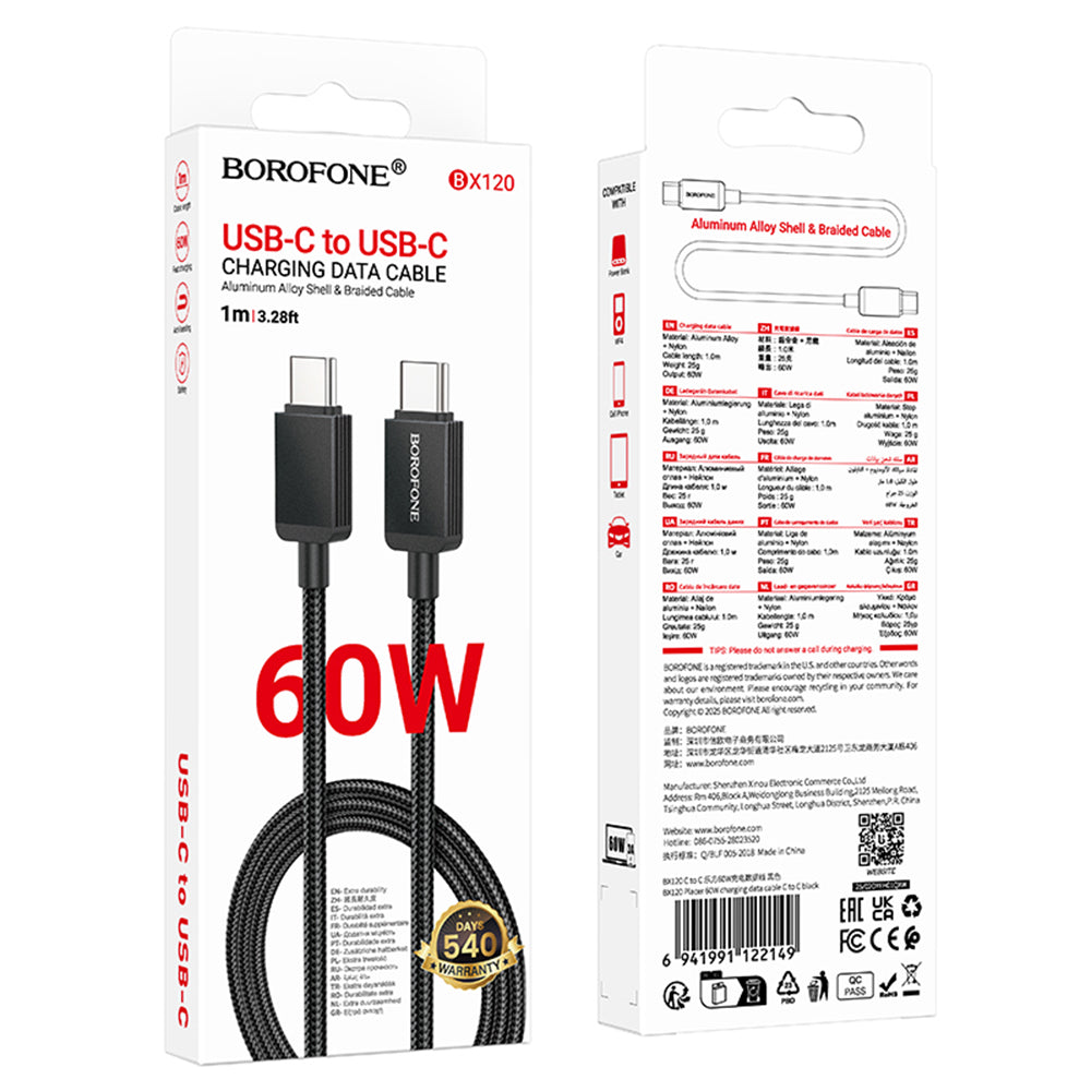 USB-C - USB-C Data- och Laddningskabel Borofone BX120 Placer, 60W, 1m, Svart