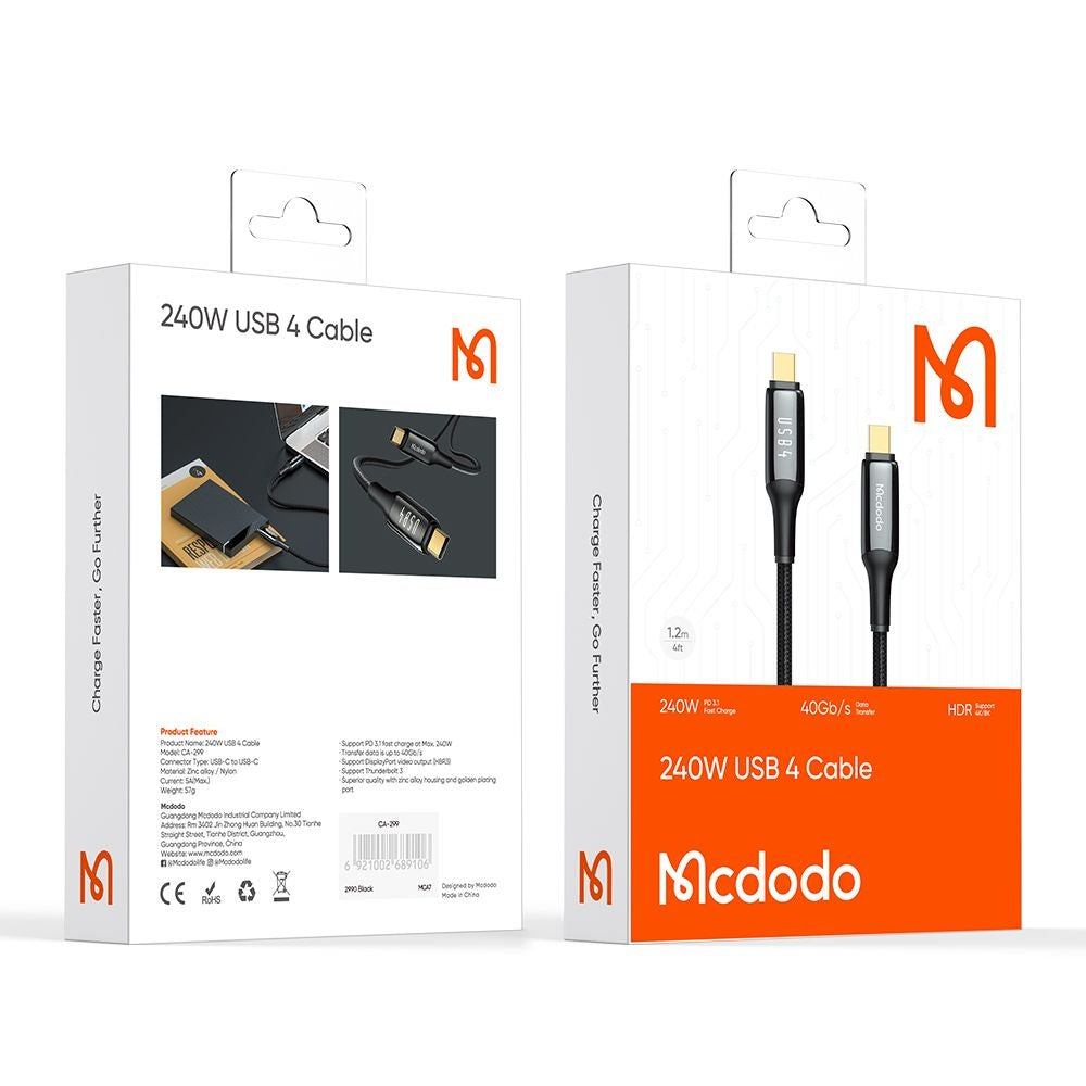 USB-C - USB-C Data- och Laddningskabel McDodo CA-2990, 240W, 1.2m, Svart