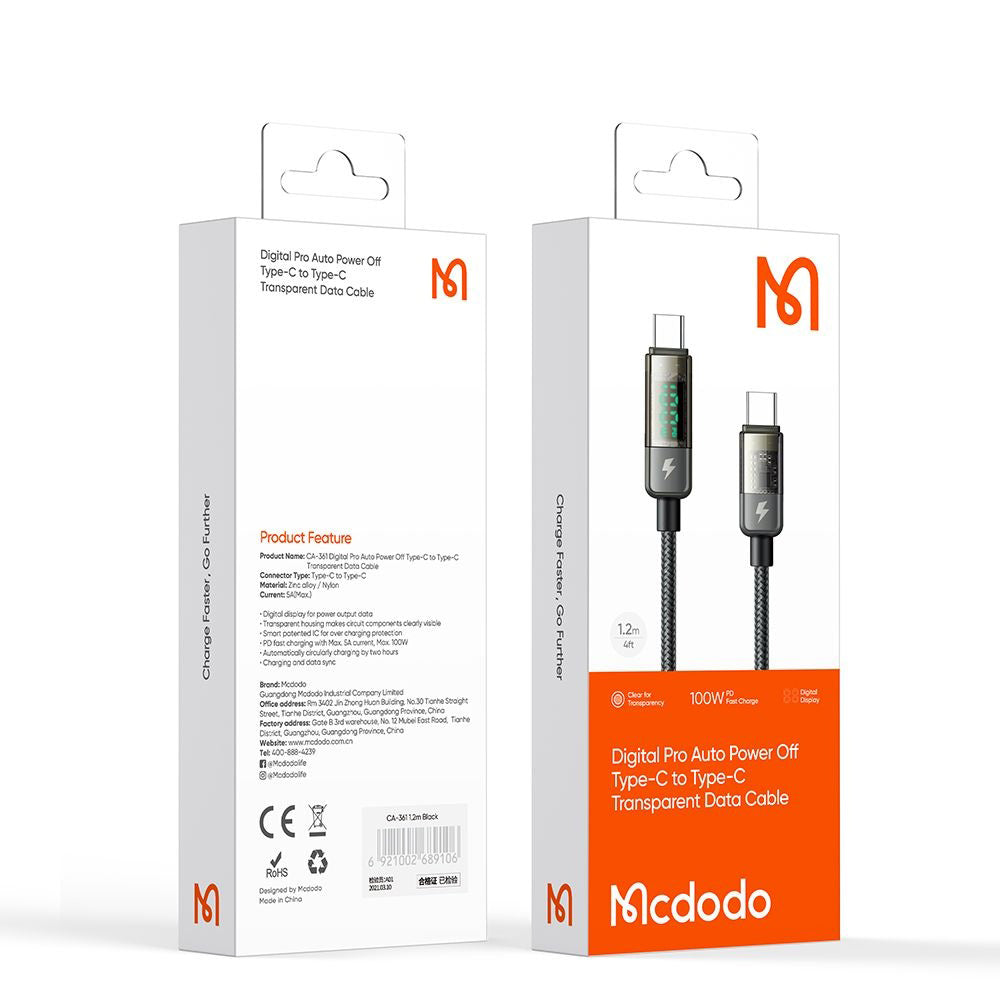 USB-C - USB-C Data- och Laddningskabel McDodo CA-3610 Display Auto Power Off, 100W, 1.2m, Svart