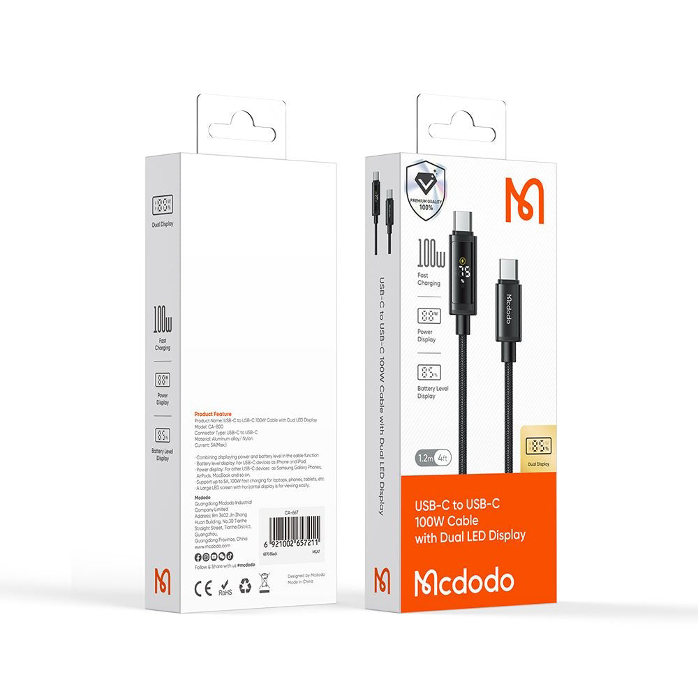 USB-C - USB-C Data- och Laddningskabel McDodo CA-8000 Display, 100W, 1.2m, Svart