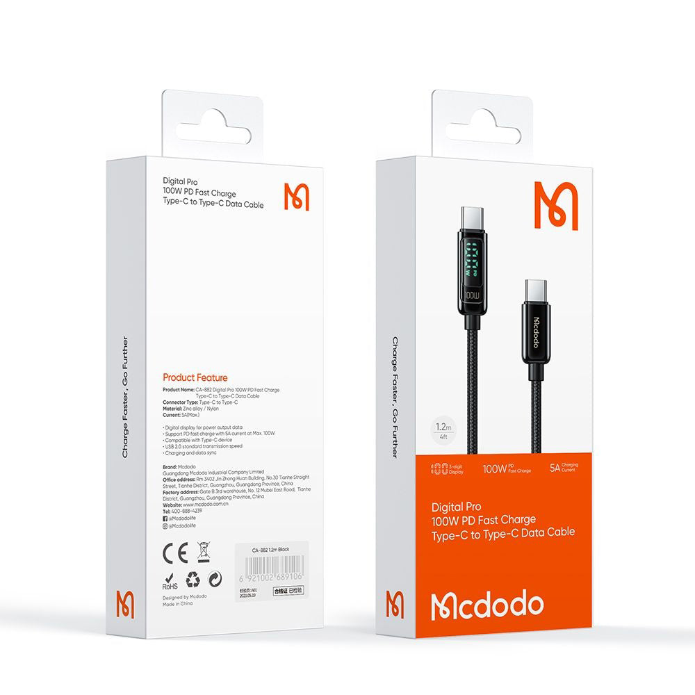 USB-C - USB-C Data- och Laddningskabel McDodo CA-8820 Display, 100W, 1.2m, Svart