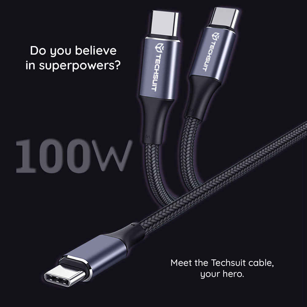 Data- och laddningskabel USB-C - USB-C Techsuit PCB018, 100W, 1m, Svart