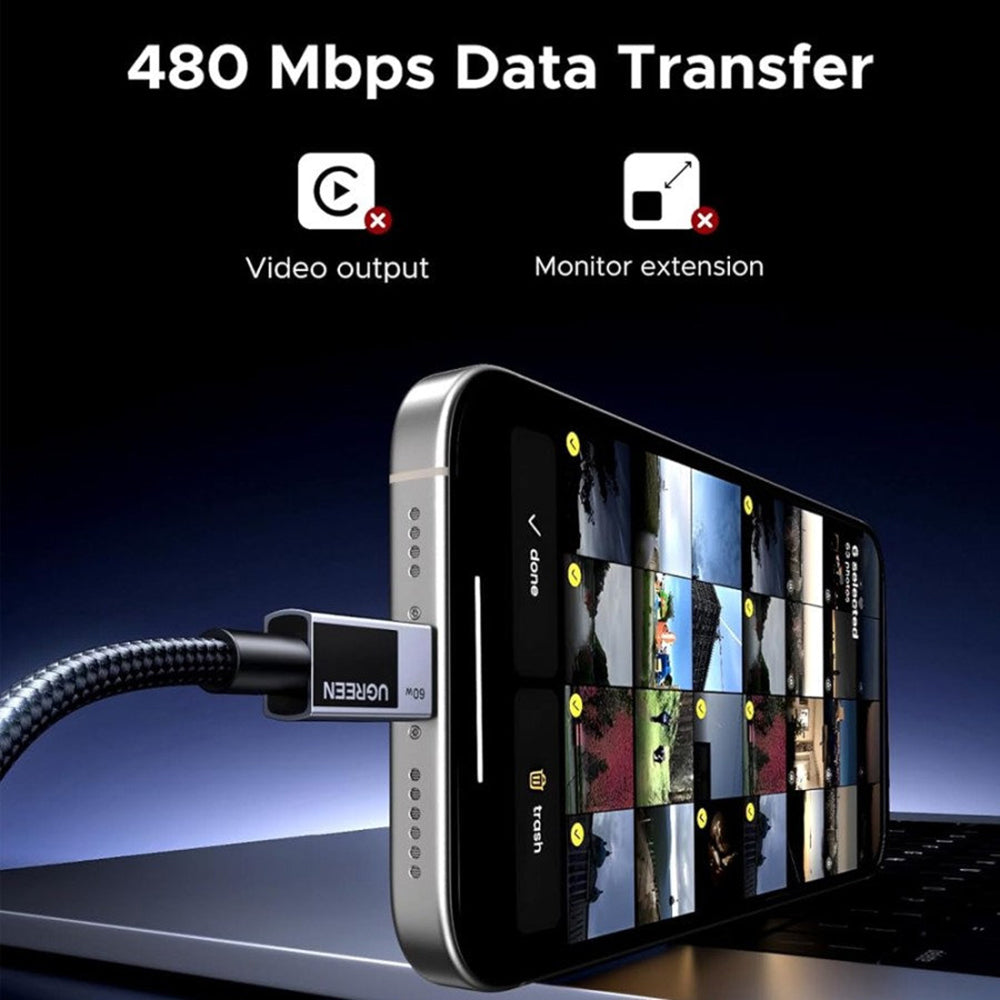 USB-C till USB-C Data- och Laddningskabel UGREEN L524, 60W, 1m, Grå