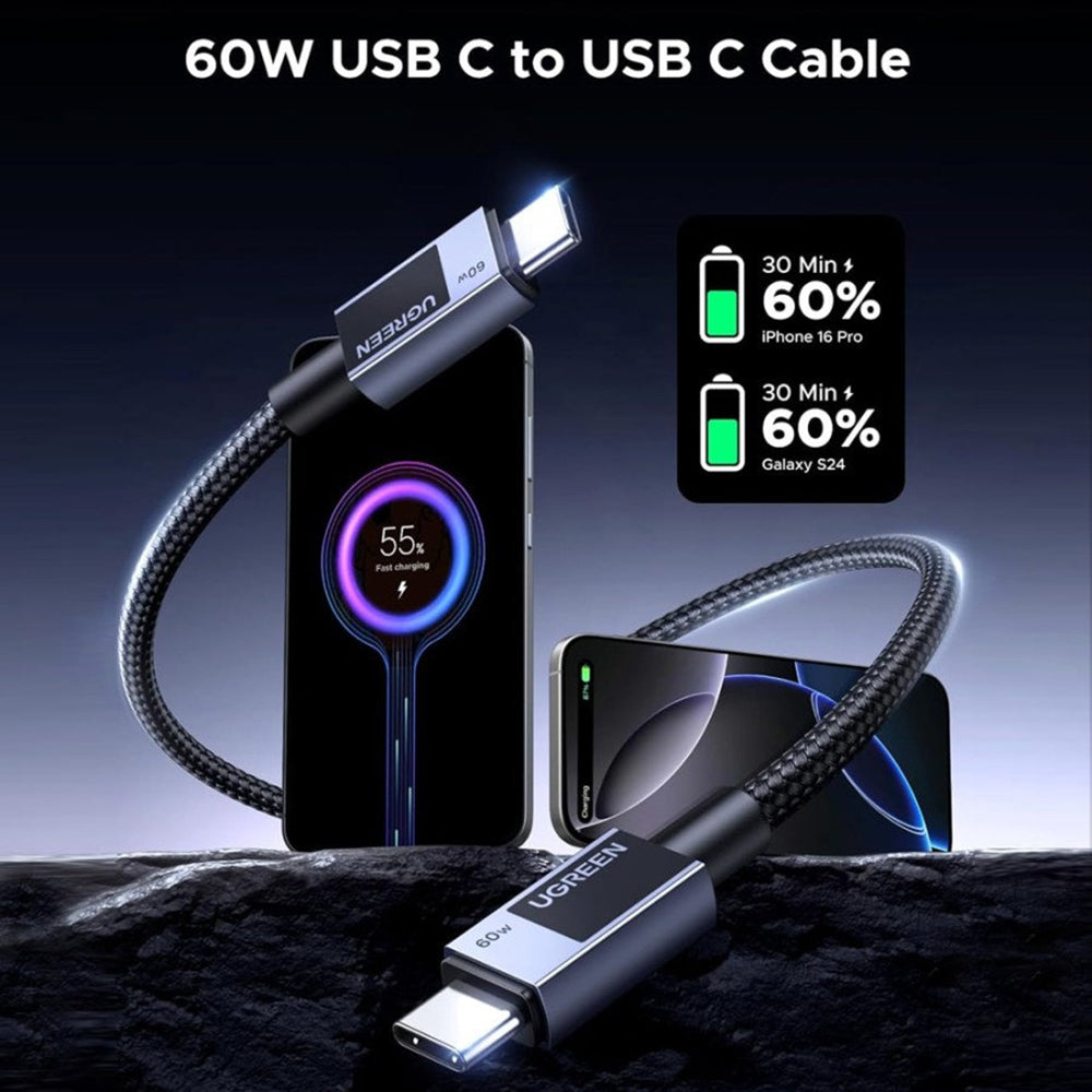 USB-C till USB-C Data- och Laddningskabel UGREEN L524, 60W, 1m, Grå