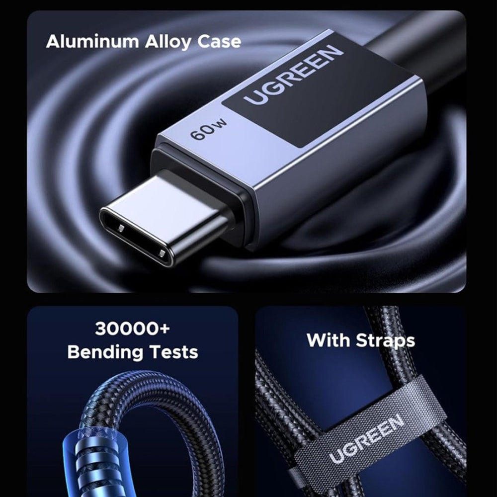 USB-C till USB-C Data- och Laddningskabel UGREEN L524, 60W, 1m, Grå