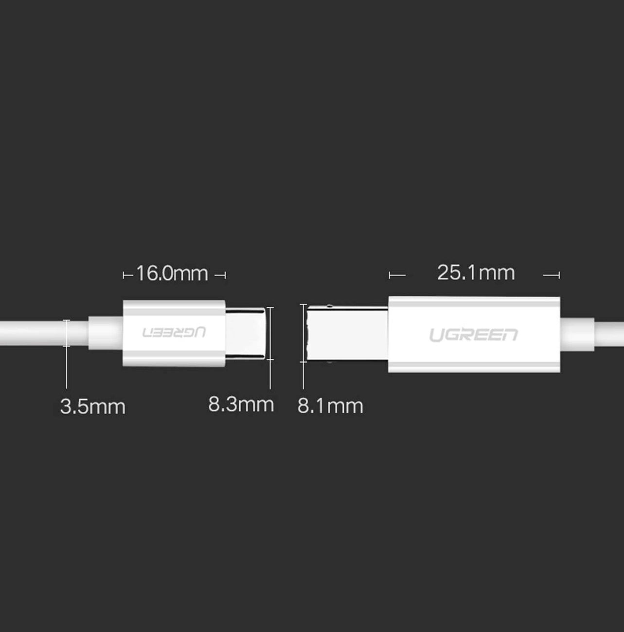 UGREEN US241 Printer Cable, USB-C to USB-B, 1.5m, White