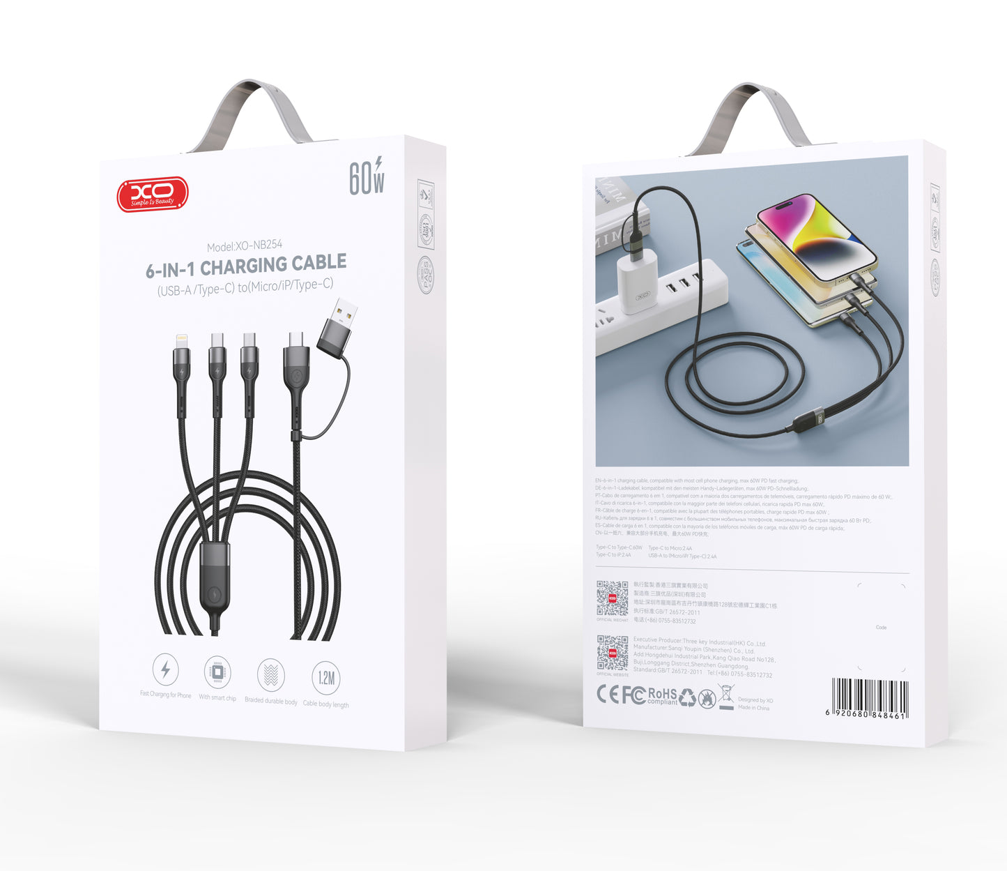 USB-A / USB-C - Lightning / microUSB / USB-C Laddningskabel XO Design NB254 3in1, 60W, 1.2m, Svart
