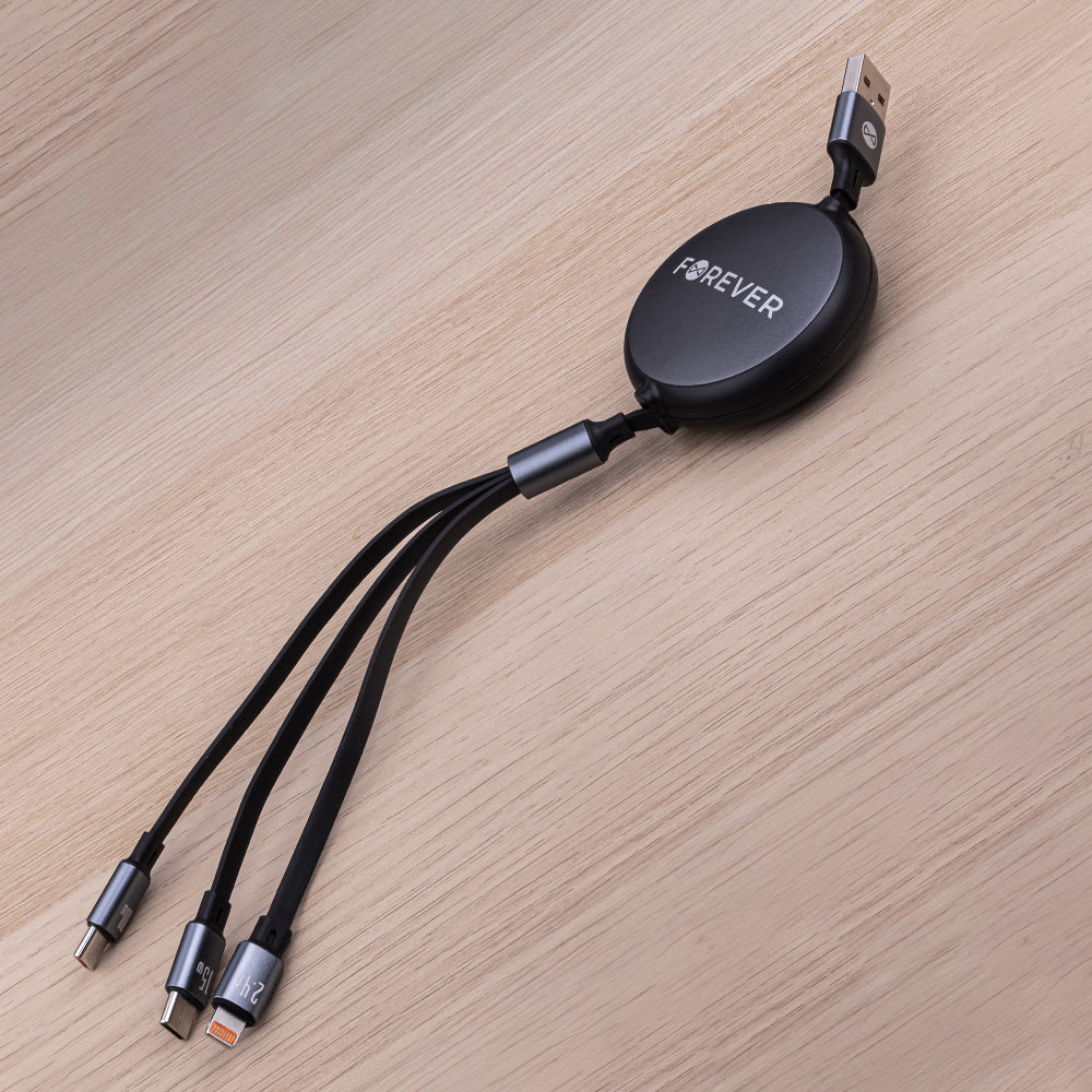 Laddningskabel USB-A - Lightning / 2 x USB-C Forever 3in1, 100W, 1.2m, Svart