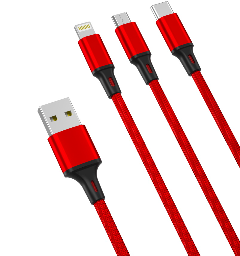 USB-A - Lightning / microUSB / USB-C Laddningskabel XO Design NB173 3in1, 18W, 1.2m, Röd