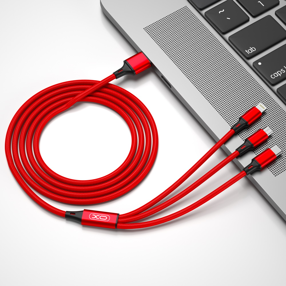 USB-A - Lightning / microUSB / USB-C Laddningskabel XO Design NB173 3in1, 18W, 1.2m, Röd