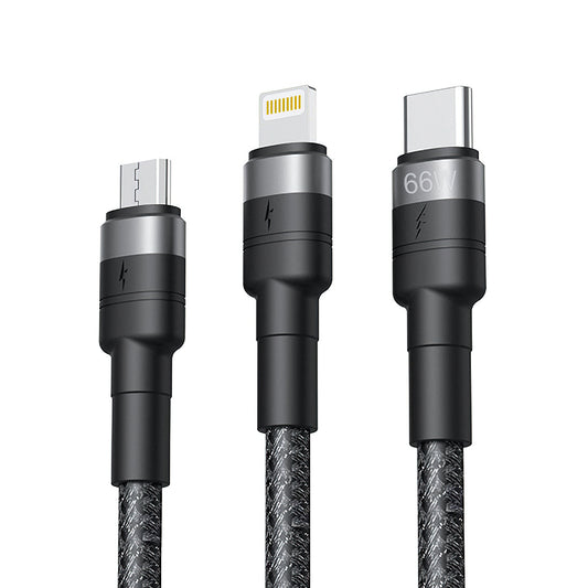 USB-A - Lightning / microUSB / USB-C Laddningskabel XO Design NB-Q191 3in1, 66W, 1.2m, Svart