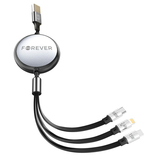 Forever 3in1 USB-A - Lightning / 2 x USB-C Forever 3in1 laddningskabel, 100W, 1,2m, svart