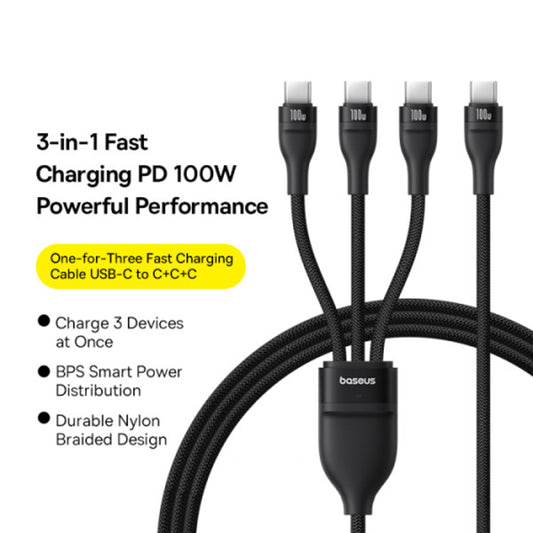 USB-C Laddningskabel - 3 x USB-C Baseus Flash Series III 3in1, 100W, 1.5m, Svart P10377503111-00