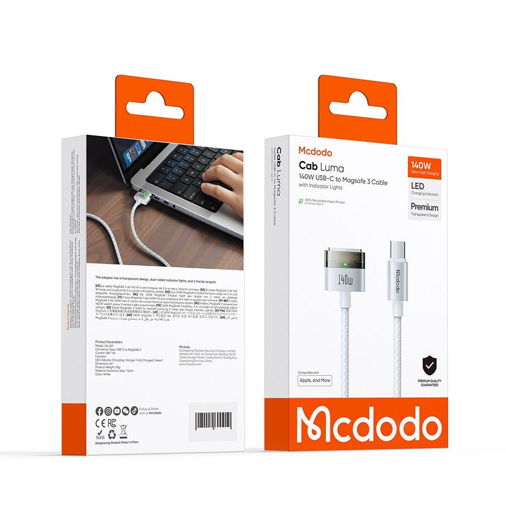 McDodo CA-2071 Laddningskabel, USB-C - MagSafe 3, 140W, 2m, Vit