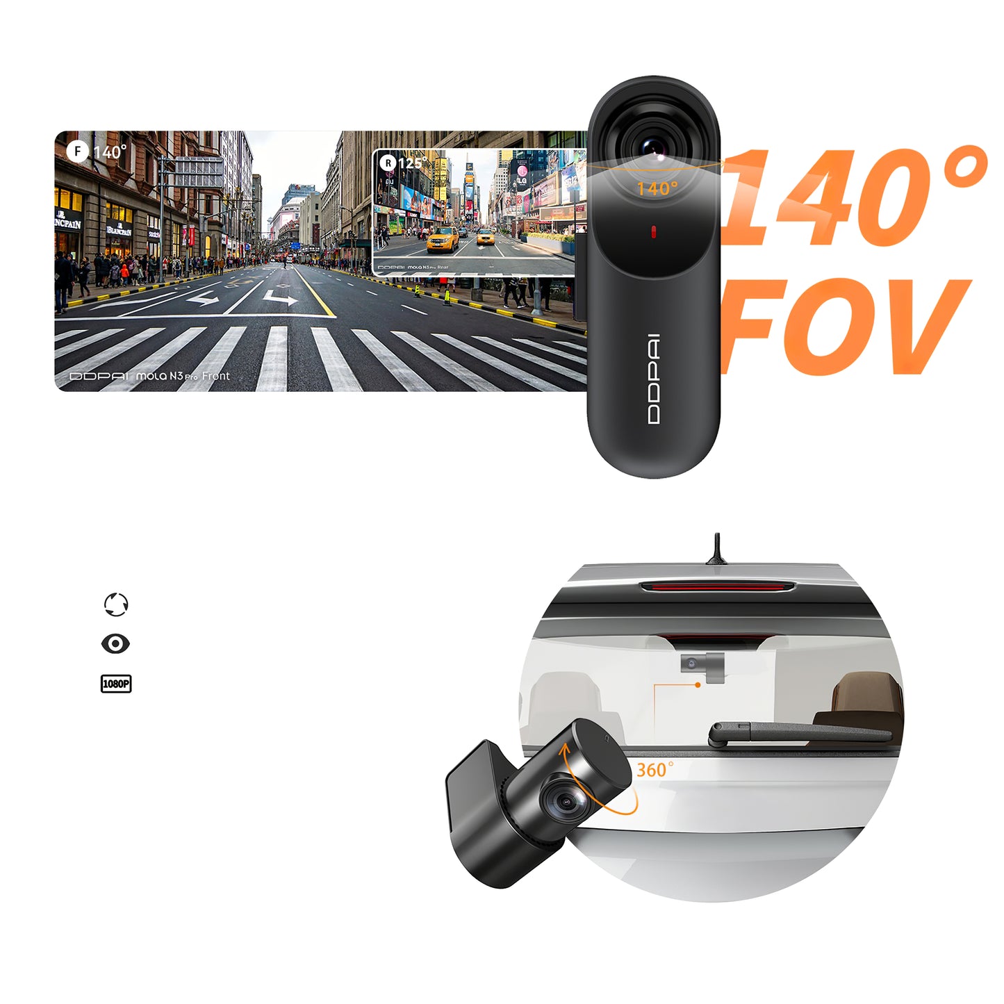 DDPAI mola N3 Pro Front and Rear Car Camera, 1600P, Wi-Fi