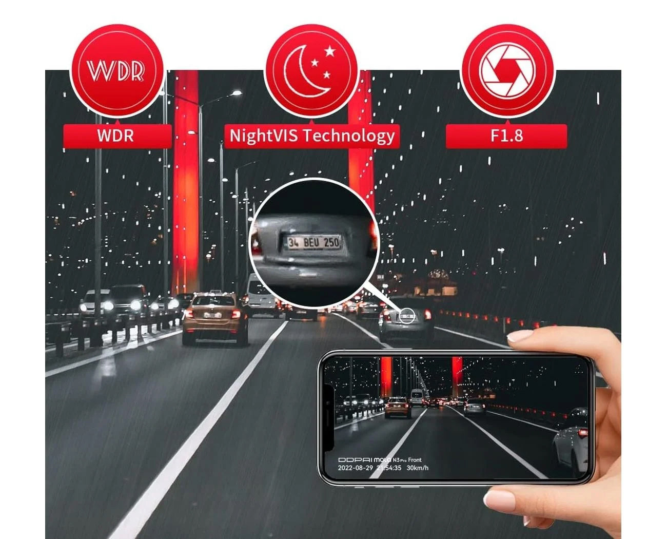 Bil Kamera Fram Bak DDPAI mola N3 Pro, 1600P, Wi-Fi