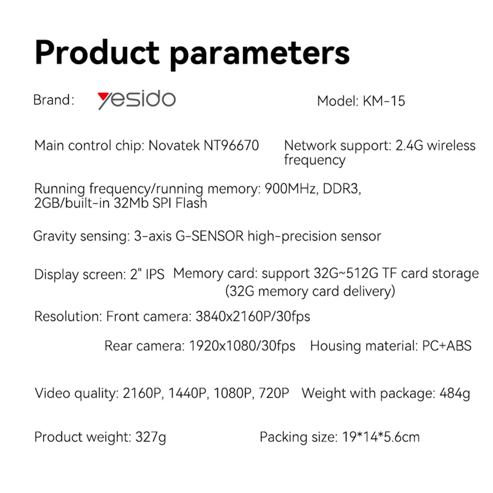 Bil Kamera Fram Bak Yesido KM15, 4K, Wi-Fi, Display 2 tum