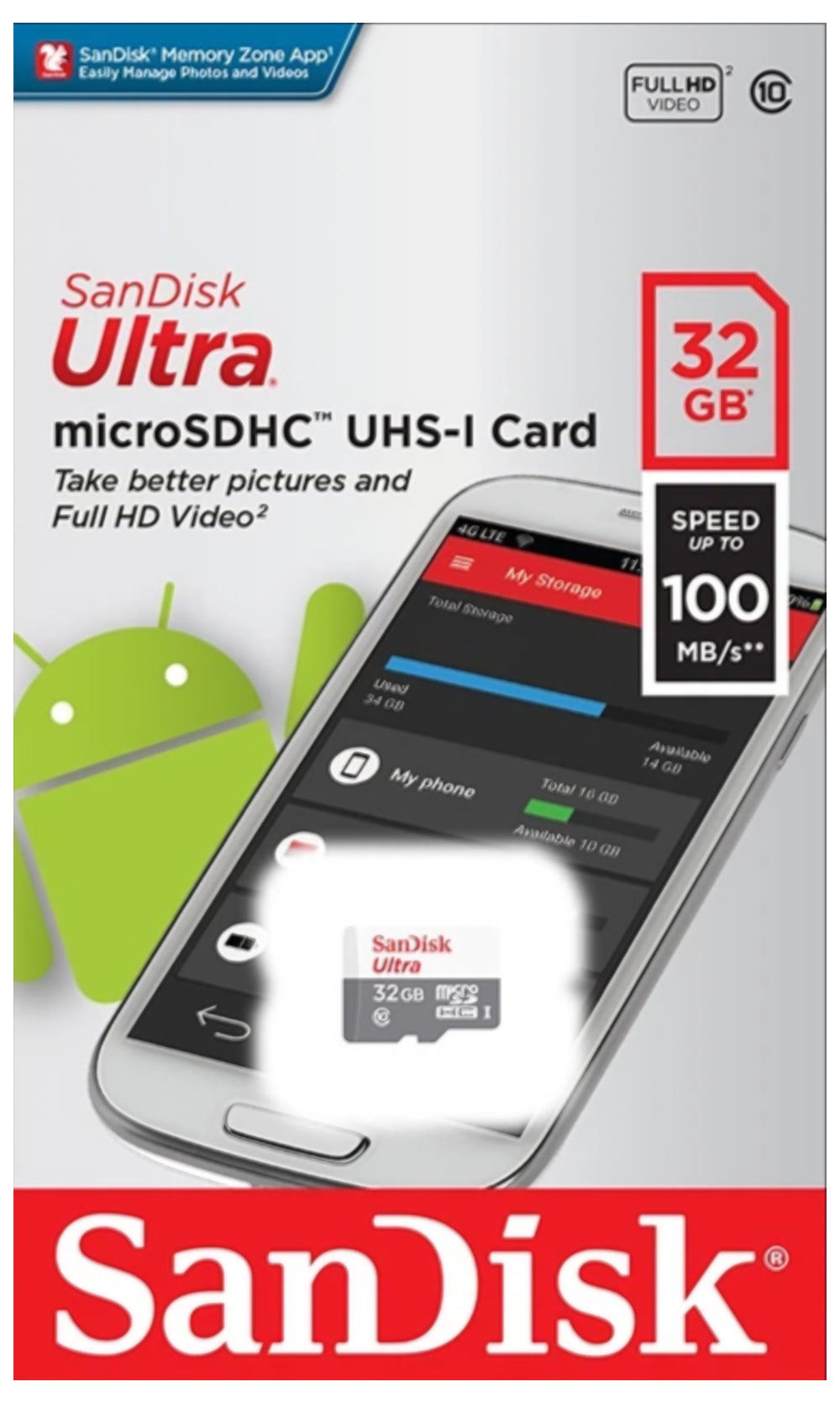 Minneskort microSDHC SanDisk Ultra, 32Gb, Klass 10 SDSQUNR-032G-GN3MN