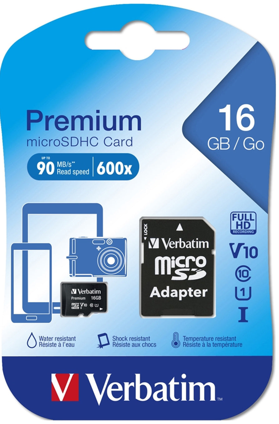 Verbatim microSDHC-minneskort, 16GB, Klass 10 / UHS-1 U1, Med adapter 44082