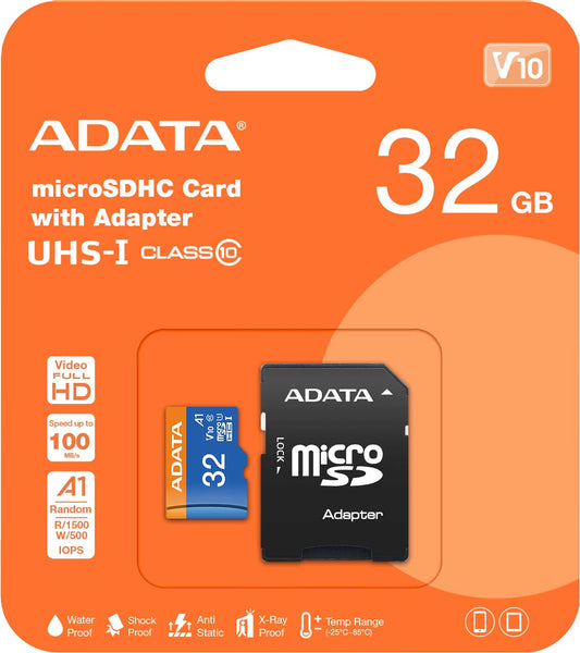 Adata microSDXC-minneskort, 32 GB, klass 10 / UHS-1 U1, med adapter AUSDH32GUICL10A1-RA1 AUSDH32GUICL10A1-RA1