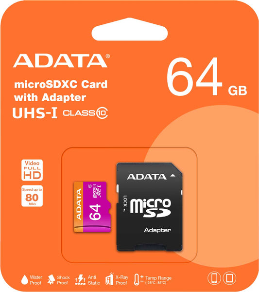 Adata microSDXC-minneskort, 64 GB, klass 10 / UHS-1 U1, med adapter AUSDX64GUICL10-RA1
