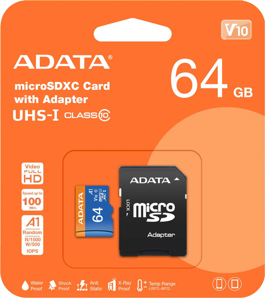 Minneskort microSDXC Adata, 64Gb, Klass 10 / UHS-1 U1, med adapter AUSDX64GUICL10A1-RA1 AUSDX64GUICL10A1-RA1
