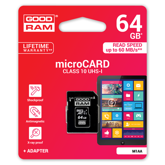 GoodRam microSDXC-minneskort, 64GB, Klass 10 / UHS-1 U1, Med adapter M1AA-0640R12