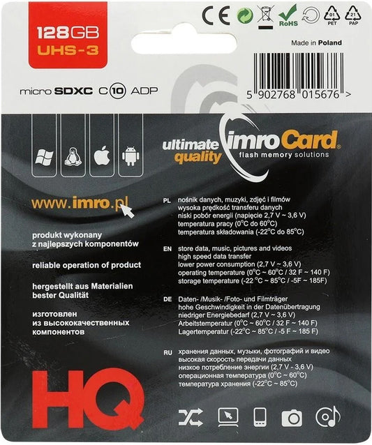Imro microSDXC-minneskort, 128Gb, Klass 10 / UHS-1 U3, Med Adapter