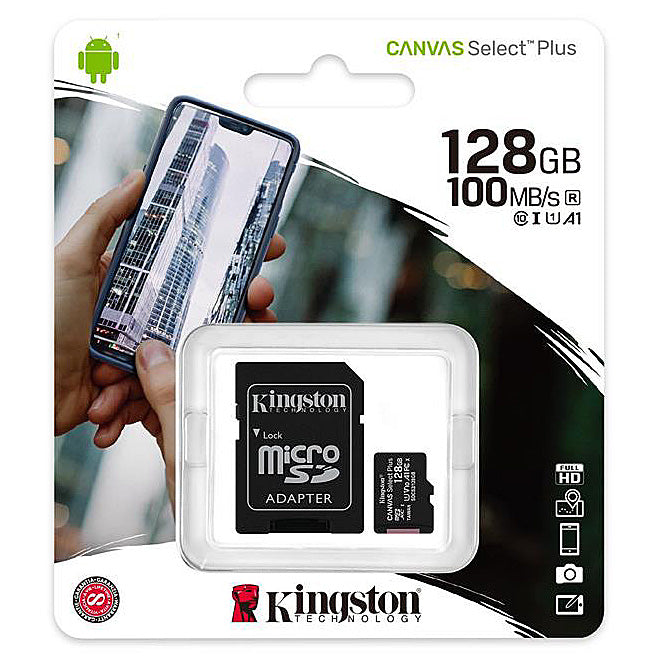 Kingston Canvas Select Plus Android A1 microSDXC-minneskort, 128Gb, Klass 10 / UHS-1 U1, med adapter SDCS2/128GB