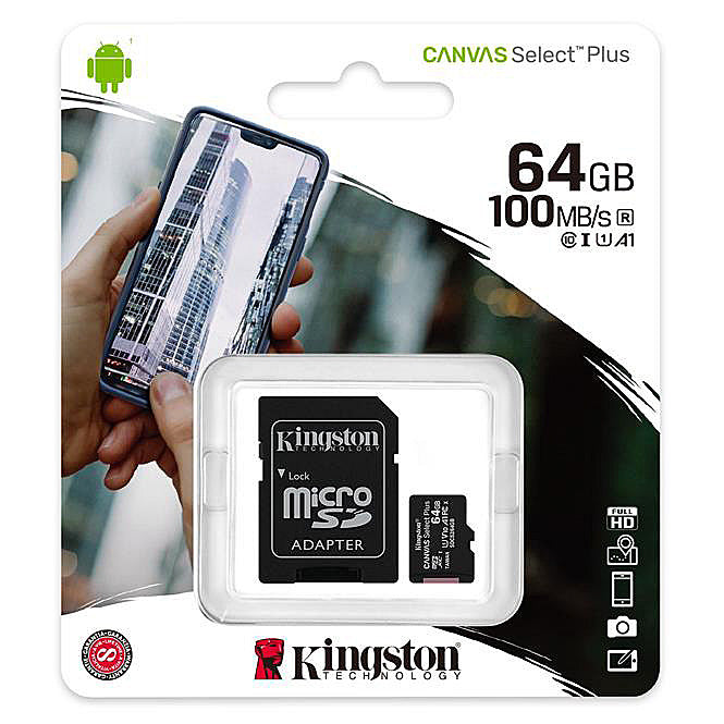 Kingston Canvas Select Plus Android A1 microSDXC Memory Card, 64Gb, Class 10 / UHS-1 U1, With Adapter SDCS2/64GB