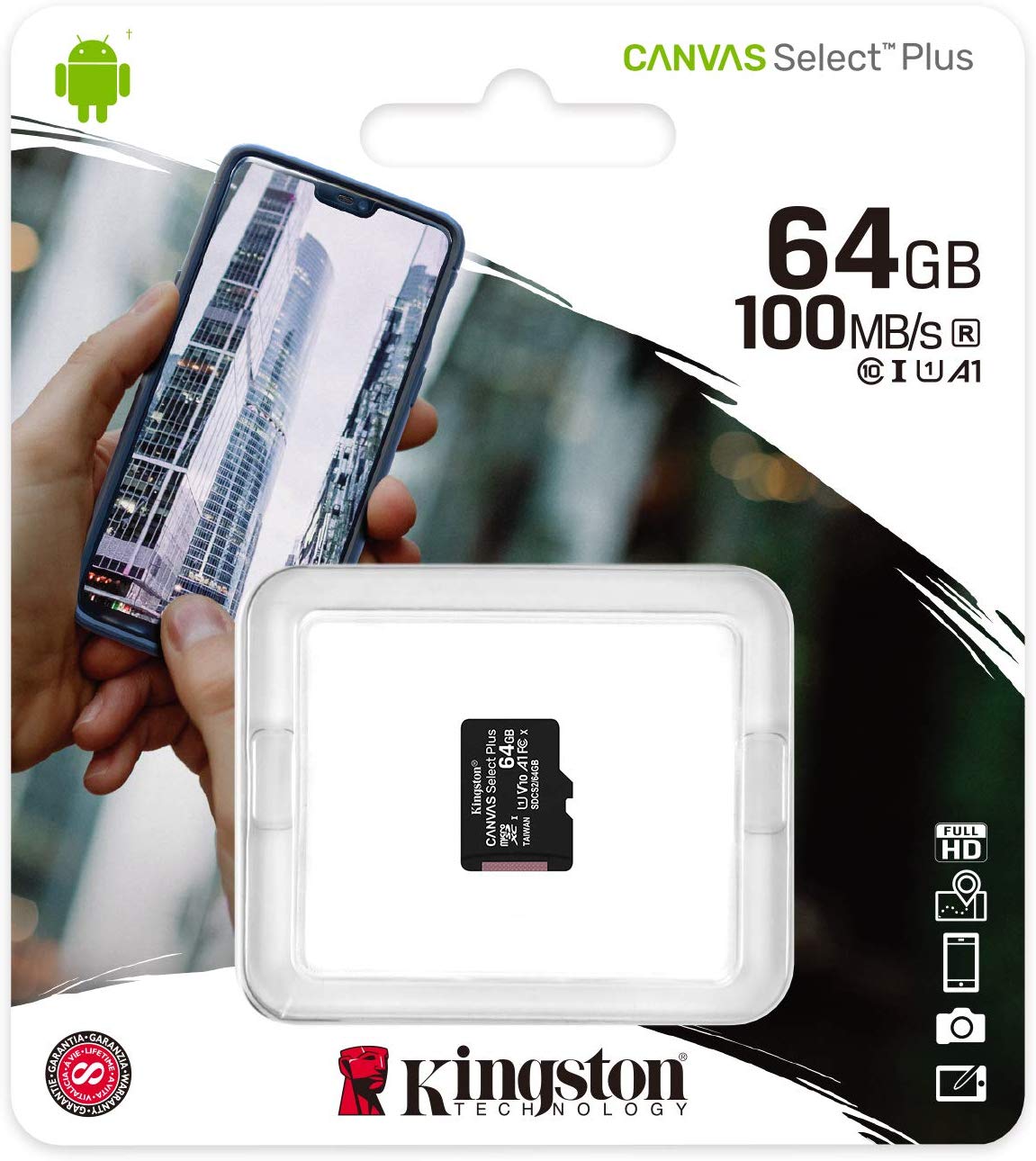 Kingston Canvas Select Plus, 64Gb, Klass 10 / UHS-1 U1 SDCS2/64GBSP microSDXC Minneskort