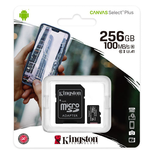 Kingston Canvas Select Plus Android A1 microSDXC-minneskort Kingston Canvas Select Plus Android A1, 256 GB, Klass 10 / UHS-1 U1, med SDCS2/256 GB-adapter