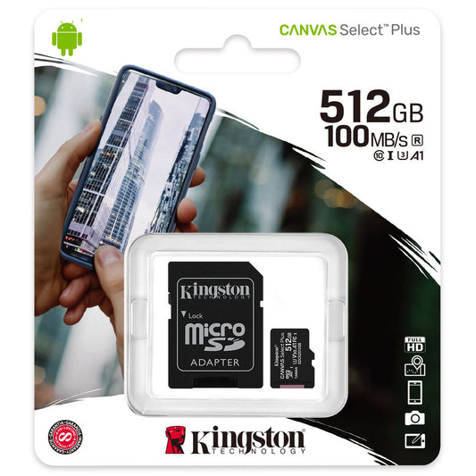 Kingston Canvas Select Plus microSDXC-minneskort Kingston Canvas Select Plus, 512 GB, Klass 10/UHS-1 U3, med SDCS2/512 GB-adapter