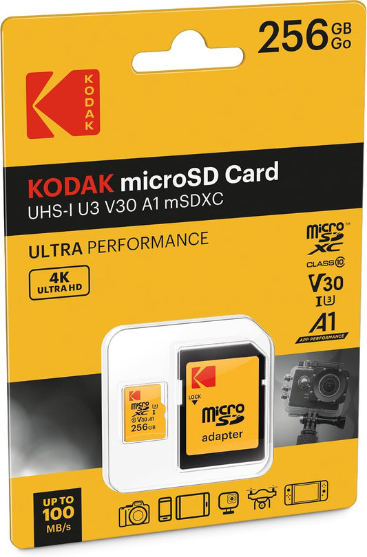 Kodak microSDXC-minneskort, 256GB, Klass 10 / UHS-1 U3, med adapter EKMSDM256GXC10HPRK