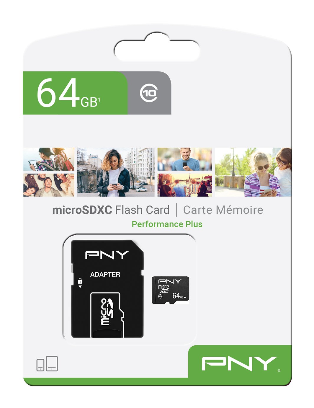 Minneskort microSDXC PNY Performance Plus, 64Gb, Klass 10, Med Adapter P-SDU64G10PPL-GE