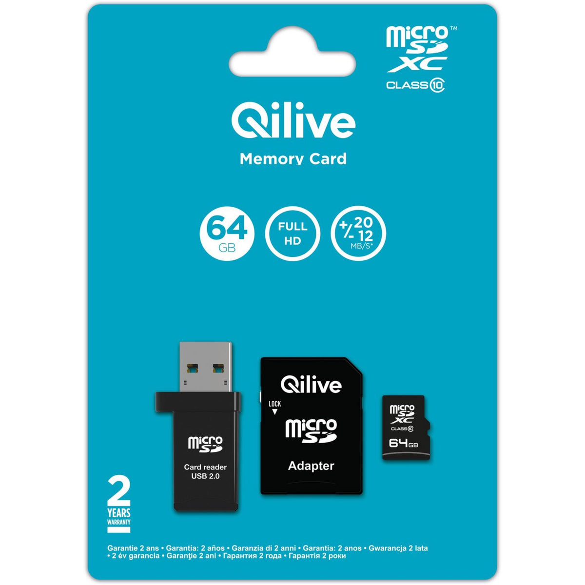 Minneskort microSDXC Qilive, 64Gb, Klass 10, Med Kortläsare och Adapter EKMSDM64GXC10QL