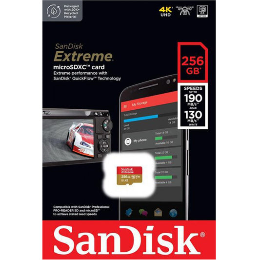SanDisk Extreme microSDXC-minneskort, 256Gb, Klass 10 / UHS-1 U3 SDSQXAV-256G-GN6MN