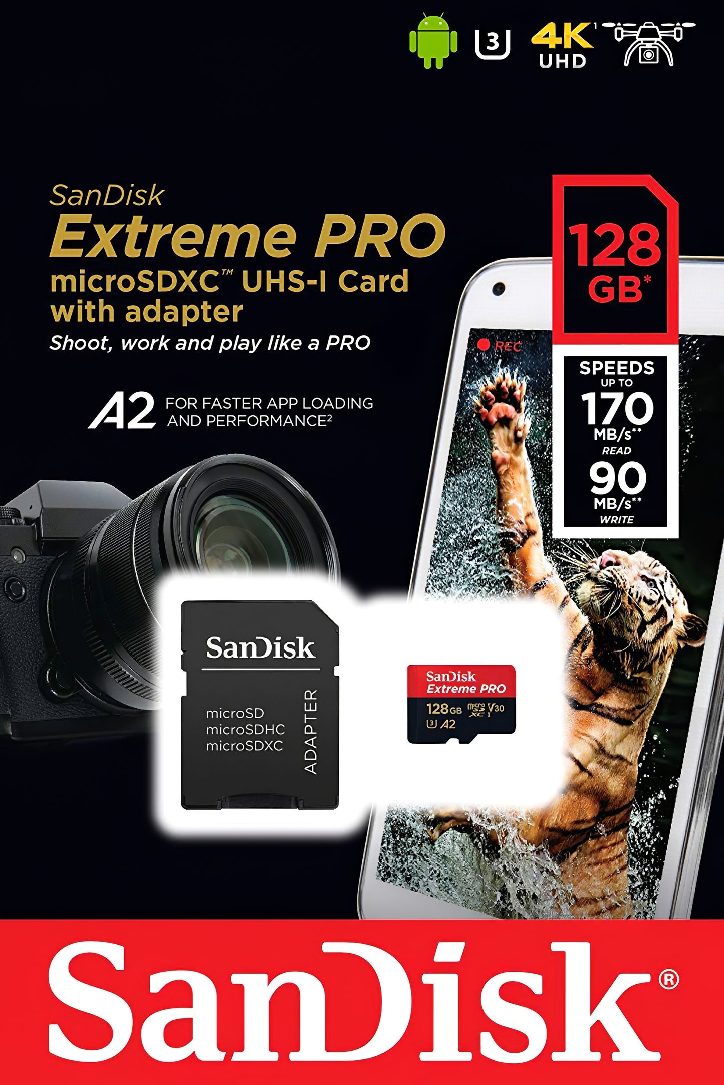 Minneskort microSDXC SanDisk Extreme Pro, 128Gb, Klass 10 / UHS-1 U3, Med Adapter SDSQXCD-128G-GN6MA