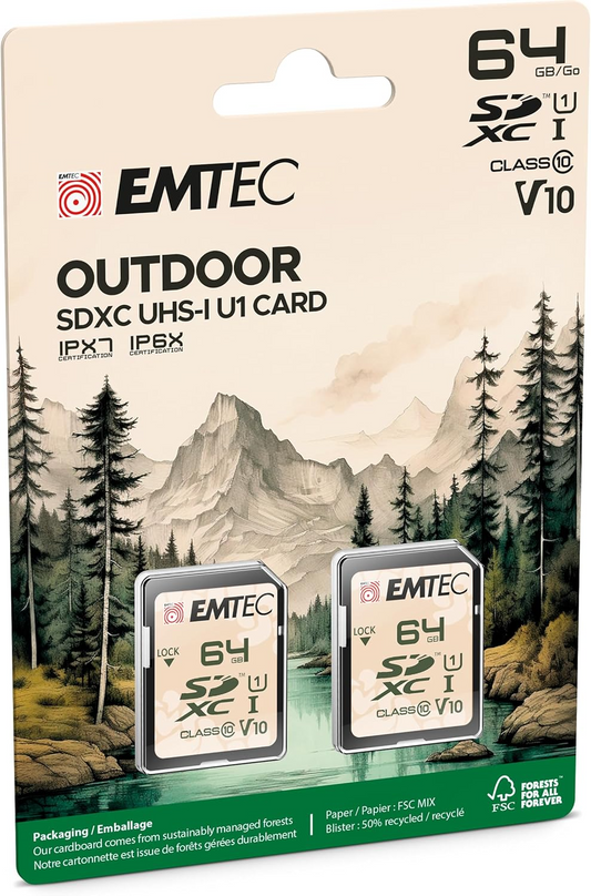 SDXC-minneskort Emtec Rugged Outdoor, 64GB, Klass 10 / UHS-1 U1, Set om 2 stycken ECMSD64GXCU1ORP2