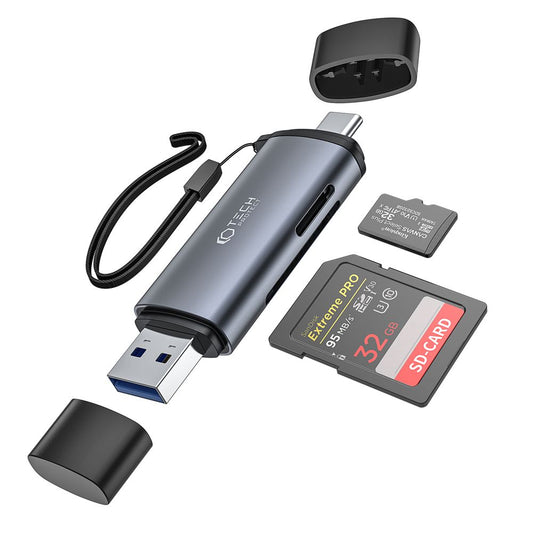 USB / USB-C-kortläsare Tech-Protect, SD - microSD, grå