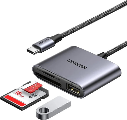 Kortläsare USB-C UGREEN CM387, USB-A - SD - microSD, Svart