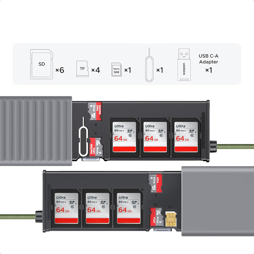 Kortläsare USB / USB-C med Organizer UGREEN CM856 (55899), 2 x SD - microSD, Grå