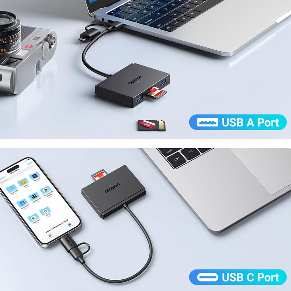Kortläsare USB / USB-C UGREEN CM812 (45167), SD - microSD - 2 x USB-A, Svart