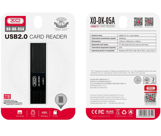 USB-kortläsare XO Design DK05A, SD - microSD, Svart