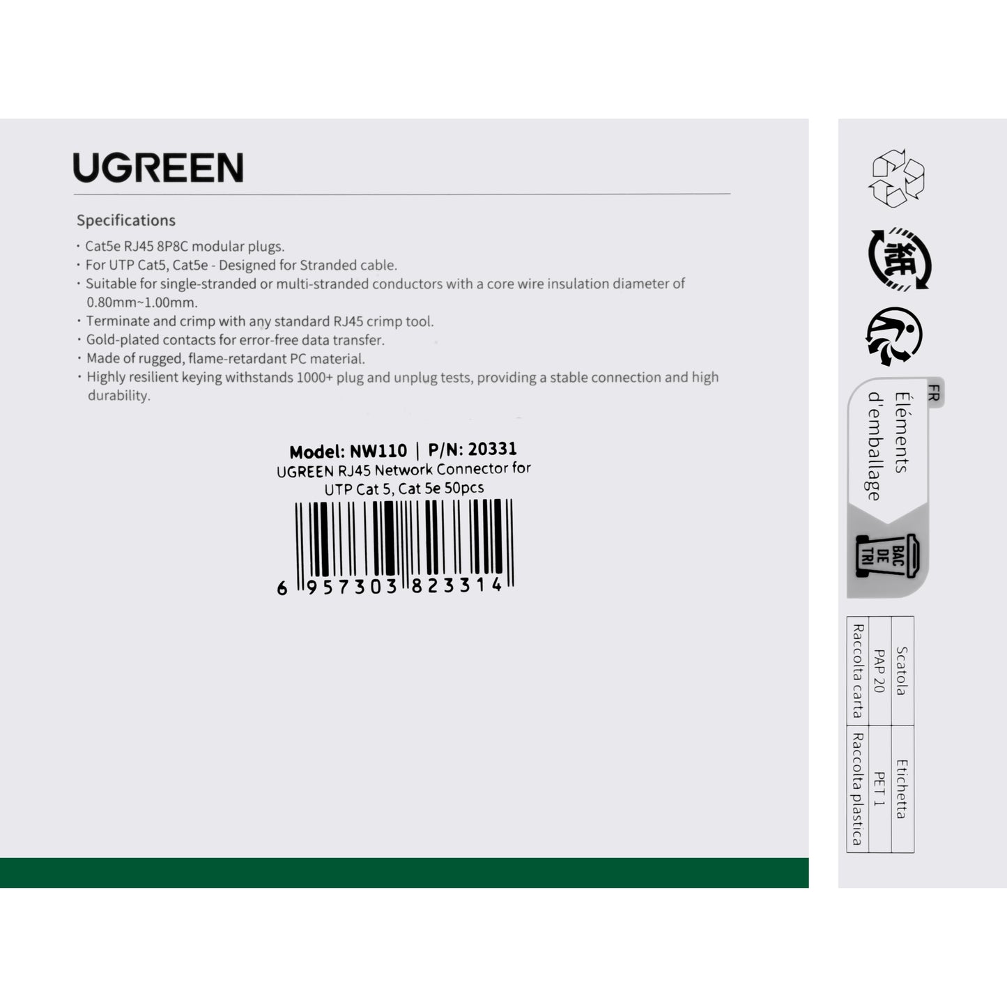Nätverkskontakt UGREEN NW110, RJ45, Cat5, set 50 delar
