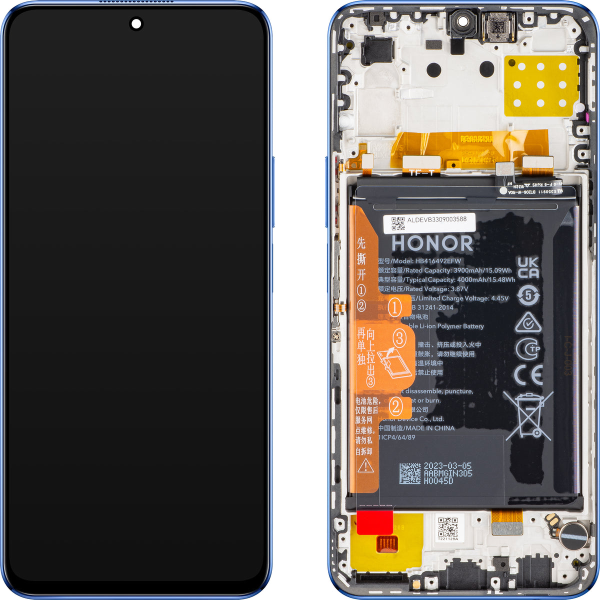 Pekskärm Display Pekskärm Honor X8 4G, med ram och batteri, Blå (Ocean Blue), Service Pack 0235ACDR