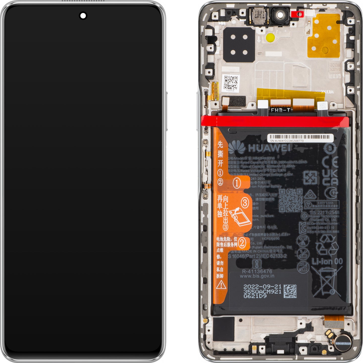 Pekskärm Huawei nova 9 SE 4G, med ram och batteri, Pearl White, Service Pack 02354UWA