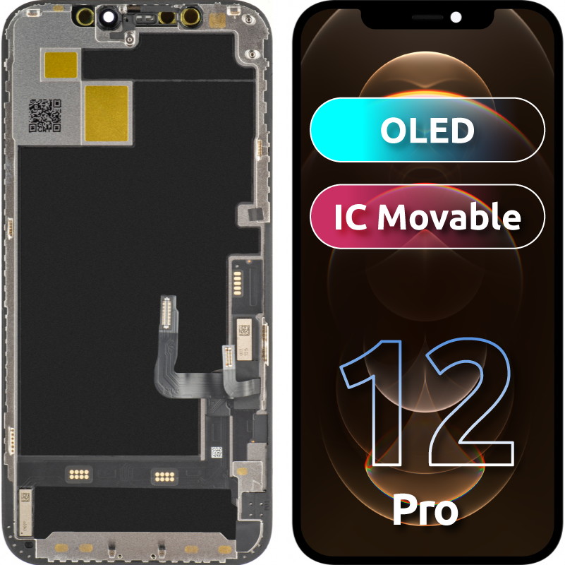 JK Touchscreen Display för Apple iPhone 12 / 12 Pro, med ram, OLED IC Flyttbar version, Svart